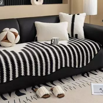 Winter Retro Imitation Rabbit Plush Sofa Cover Non-Slip Couch Slipcover Protector Universal Irregularity Stripe Sofa Cushion 90x90