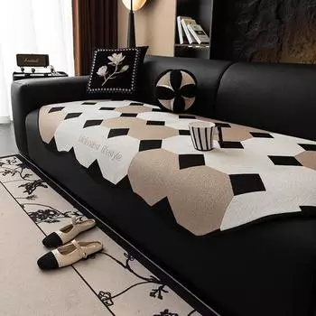 Winter Retro Warm Fleece Sofa Cover Non-Slip Couch Slipcover Protector Universal Irregularity Color Block Sofa Cushion 90x70