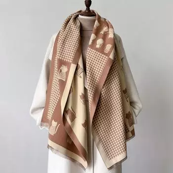 Зимний шарф из кашемира, пашмины, шали и накидки с рисунком кошек, толстое теплое высококачественное одеяло для женщин, палантины, пончо