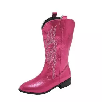 Winter Shoes Female Slip-on Women s Mid-Calf Boots Square Low Heel Casual Embroider Ladies Pink Satin Embroidery Carve Designs 36