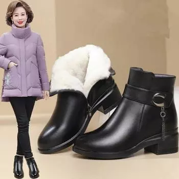 Winter Shoes Genuine Leather Sneakers Women Warm Fur Ankle Boots Female High Heels Round Toe Square Heel Handmade Women Boots 35