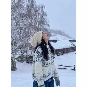 Winter Skiing Scandinavian Retro Fairisland Christmas Tree Autumn and Winter Sweater Loose Knitted Cardigan Outwear Female Spring Blue Milk White S