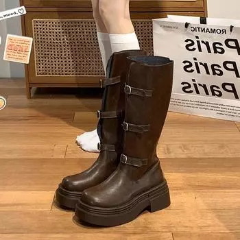 Winter Slip On Women Knee High Boots Fashion Belt Buckle Knight Long Booties Designer Square Heels Botas De Mujer 35