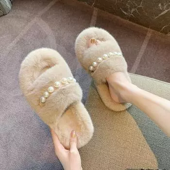 Winter Slippers for Home Women Casual Beaded Fluffy Slides Comfortable Plush Flats Bedroom Shoes Woman 35 чёрный