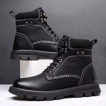 Winter Snow Boots Genuine Leather Men Boots TrendShoes Casual Shoes Luxury Motorcycle For Men Men s Plus Velvet Cowboy Boots 38 чёрный