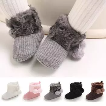 Winter Snow Boots Soft Sole Cute Pompoms Warm Fleece Toddler Shoes For Infant Newborn Kids 13CM чёрный