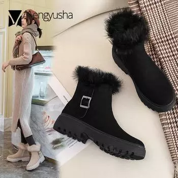 Winter Snow boots women luxury rabbit fur short botas nubuck flock ins cotton shoes plush furry botte femme 40-43 plus size 4.5 абрикосовый