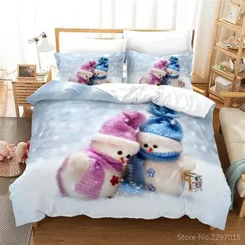 Winter Snowman Couple Printed Duvet Cover Set with Pillowcase 3d Cartoon Bedding Sets Single Double Twin Full Queen King Size 135x200cm