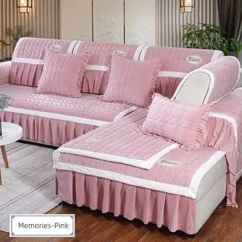 Winter Sofa Cushion Thickened Fleece All-Inclusive Universal Cover Fabric Sofa Cover Non Slip Full Covered Four Seasons Universal Seat Cushions Memories-Pink 45*45cm pillow case (excluding core)