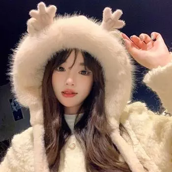 Winter Soft Fur Antler Hat Warm Ear Protection Hat Fashion Deer Horn Hat Women розовый
