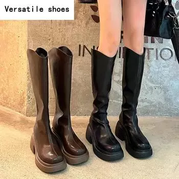 Winter Soft Leather Women Knee High Boots Fashion Knight Long Booties Designer Platform Square Heels Botas De Mujer 35