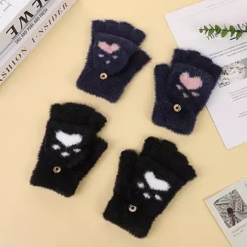 Winter Split-finger Flip-up Thickened Imitation Cashmere Gloves with Cute Paw Prints To Keep Warm Dual-purpose Women s Writing Korean Version average size