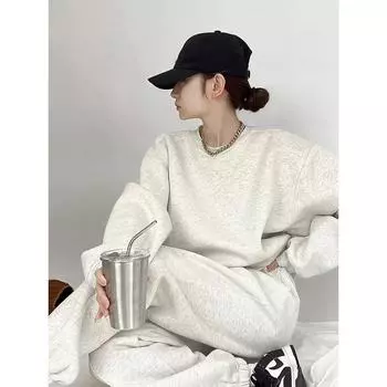 Winter Sportswear Suit Women s Pure Cotton Fried Street Fashion Denim Casual Fleece-lined Thickened Sweatshirt and Sweatpants Casual Two-Piece Suit Gray M [Suggested 50.00 kg-60.00 kg]]