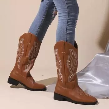 Winter Square Heel Women s Mid Calf Boots Fashion Embroidery Western Boots for Woman Pointed Toe PU Leather Cowboy Boots Female 35 чёрный
