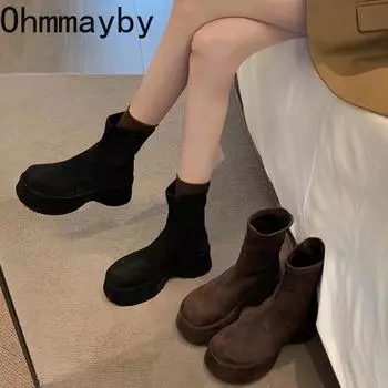 Winter Street Style Chunky Women Ankle Boots Elegant Platform Heel Shoes Concise Short Botas De Mujer 35 коричневый