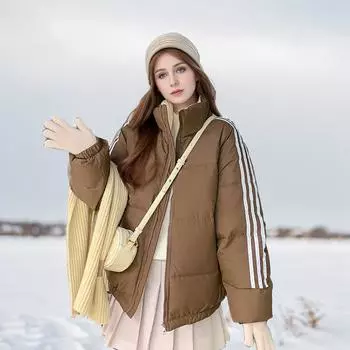 Winter student three-bar slim-fit jacket short jacket women s Korean version loose thickened jacket S коричневый