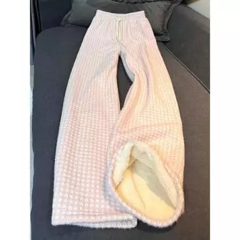 Winter Sweet Fresh Cute Plaid Pattern Plus Velvet Thickened Warm Wide-leg Pants for Women Aesthetic Trend Straight Pants S