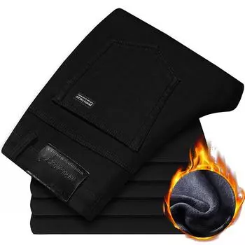 Winter Thick Fleece for Cold Men Warm Slim Jeans Elasticity Skinny Black Jeans Fashion Casual Pants Trousers 26 чёрный