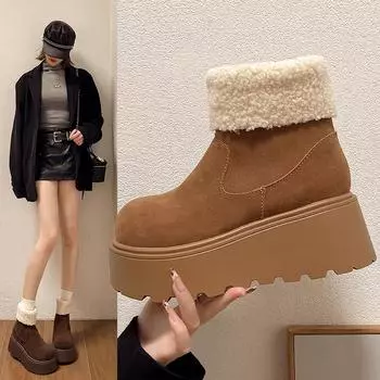 Winter Thick Sole Women s Snow Boots Round Head Middle Follow Side Zip Ankle Boots Anti-slip Outdoor Leisure Fashion Shoes 2024 35 хаки