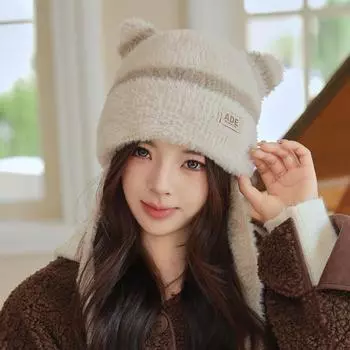 Winter Thickened Cat Ear Tie Pullover Hat for Girls Cute Age-reducing All-match Knitted Hat M56-58cm чёрный