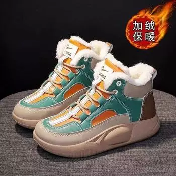 Winter thickened round head lace-up muffin bottom high-top boots casual shoes color matching heightening warm women s snow boots 35