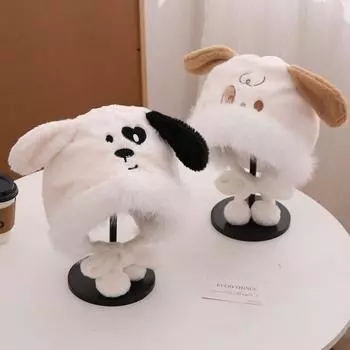 Winter thickened warm and cold ear protection hat student versatile Lei Feng hat sweet and cute puppy plush hat female M56-58cm чёрный