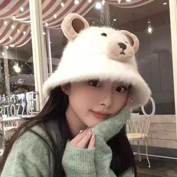 Winter thickened warm basin hat cold-proof versatile ear protector pullover hat cute plush small bucket hat women M56-58cm белый