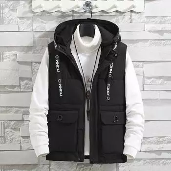 Winter tooling cotton vest men s youth sleeveless cotton-padded jacket thickened thermal vest cotton vest men s jacket student M (85-50 kg) чёрный