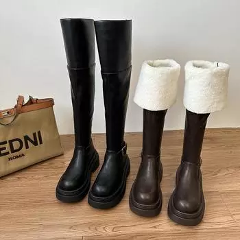 Winter two wear thick-soled velvet knee boots 2024 belt buckle folded retro knight boots pleated pile boots women 35 коричневый