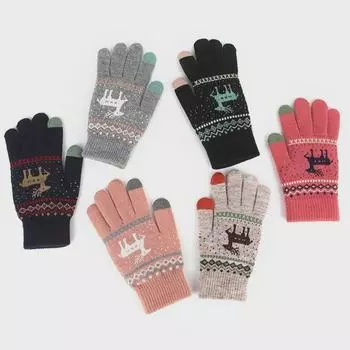 Winter Velvet Deer Couple Jacquard Touch Screen Gloves: Thick, Windproof, Finger-Separated Design for Warmth One Size