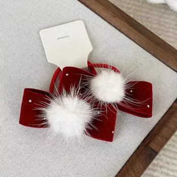 Winter Velvet Head Rope Hairpin Set Mink Hair Ball Bow Crystal Hair Clip Hair Tie Child New Year s Headdress Girl Sweet Headband