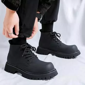 Зимние бархатные уличные ботинки на шнуровке, деловые, высокие кожаные туфли, новые мужские мотоциклетные ботинки с толстой подошвой и круглым носком 38