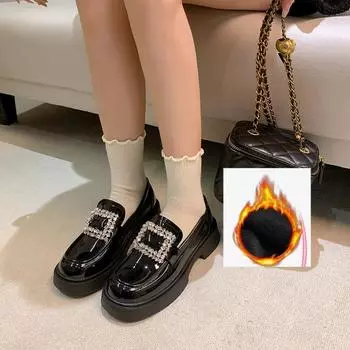 Зимние бархатные кожаные мокасины на толстой подошве для женщин 34 чёрный