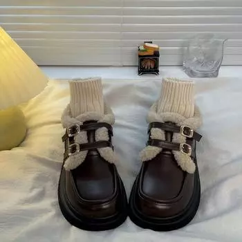 Winter Velvet Thickened Warm Cotton Shoes Women s New Fluffy Shoes Women Wear Internet Celebrities High Value Small Leather Shoes 35 бежевый