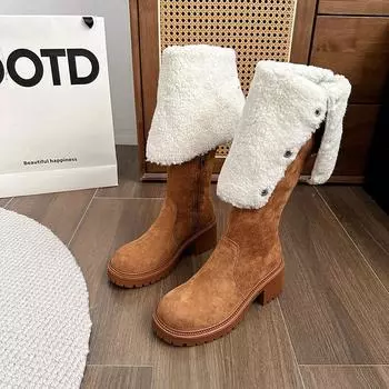 Зимние бархатные тонкие эластичные сапоги женские 2024 новые ретро толстые каблуки толстые молния сбоку модные сапоги рыцарские сапоги прилив 35 оранжевый