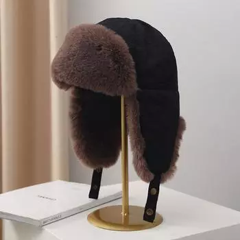 Winter velvet warm hat unisex thickened ear protection cold northeast hat printed windproof ski cap M56-58cm чёрный