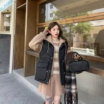 Зимний жилет свитер с капюшоном поддельный двухсекционный пуховик хлопковый пояс куртка женская иностранный стиль девушка M чёрный