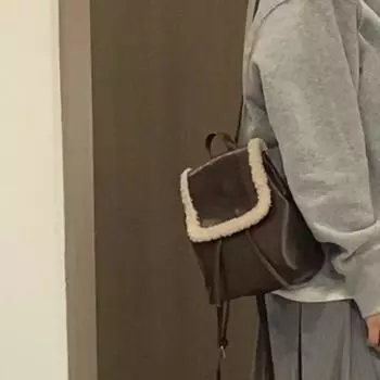 Winter Vintage Plush Backpack Female Instagram Simple Lamb Wool Patchwork Bag Female
