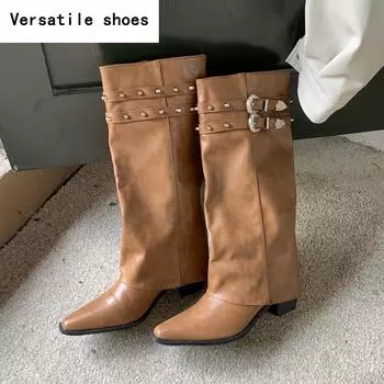 Зимние винтажные женские западные сапоги до колена, модные туфли с пряжкой на ремне, на толстом каблуке, лаконичные длинные женские боты 35