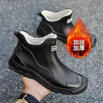 Winter warm and velvet men s rain shoes 39-48 extra large size black water shoes mountain men s rubber shoes fishing men s waterproof boots 39
