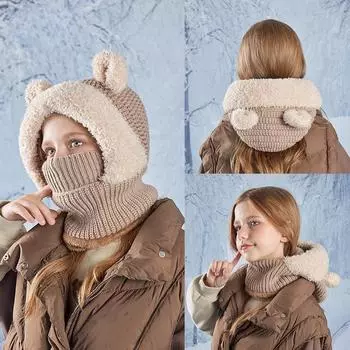 Winter Warm Children Bear Hat Face Mask Ear Protection Hat Cold-proof Plush Balaclava Hat Hooded Neck Warmer Outdoor серый