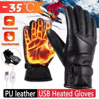 Winter Warm Full Fingers USB Electric Warming Gloves for Men Women Waterproof Windproof Cycling Outdoor Sports PU Leather Gloves