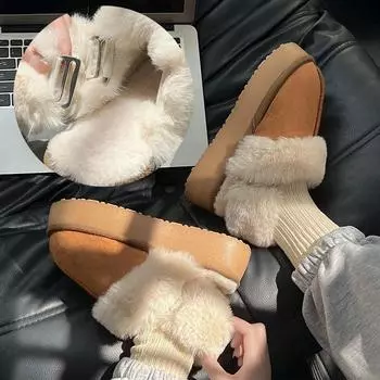 Winter Warm Fur Slippers for Women New Outdoor&home Thick Bottom Plush Slides Woman Non-Slip Faux Fur Strap Cotton Padded Shoes 35-36 чёрный