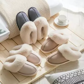 Winter Warm Fuzzy Slippers Women Faux Fur Thicken Plush Bedroom Slippers Woman Comfort Soft Indoor Couple Cotton Padded Shoes 36-37 бежевый