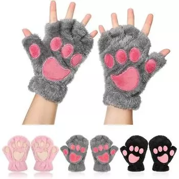Winter Warm Gloves Women Cartoon Cat Claw Gloves Thicken Fingerless Plush Bears Gloves Bear Paw Fingers Half Mittens Gloves