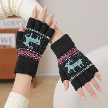Winter Warm Half Finger Gloves Women Thick Warm Cold-Proof Korean Style Deer Adult Cashier Student Writing Leakage Five Fingers Black half-finger deer 2 pairs All yards