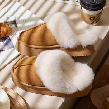 Winter Warm Home Fur Slippers Women Luxury Faux Suede Long Plush Couple Cotton Shoes Indoor Bedroom Thick Bottom Fluffy Slippers 36-37 чёрный
