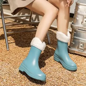 Winter warm Internet celebrity rain shoes medium tube women non-slip waterproof velvet rubber shoes wear-resistant work go out versatile 36