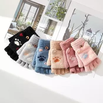 Winter Warm Knitted Gloves for Women with Cute Cat Paw Letters Jacquard for Adults Half Finger Flip Half Cartoon Woolen Men