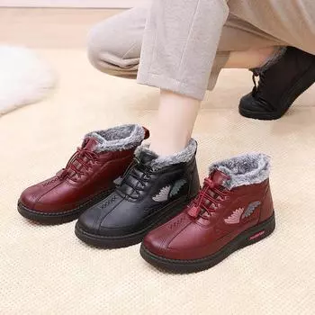 Winter Warm Low Heels Ankle Boots For Women Lace-up Platform Chunky Short Booties Women s Warm Fleece Lined Snow Boots 35 чёрный
